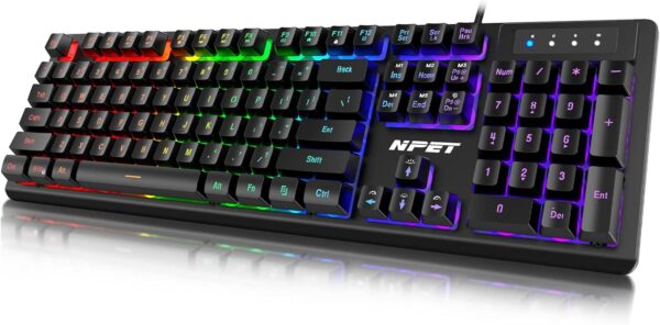 NPET K10 Wired Gaming Keyboard, LED Backlit, Spill-Resistant Design, Multimedia Keys, Quiet Silent USB Membrane Keyboard for Desktop, Computer, PC (Black)